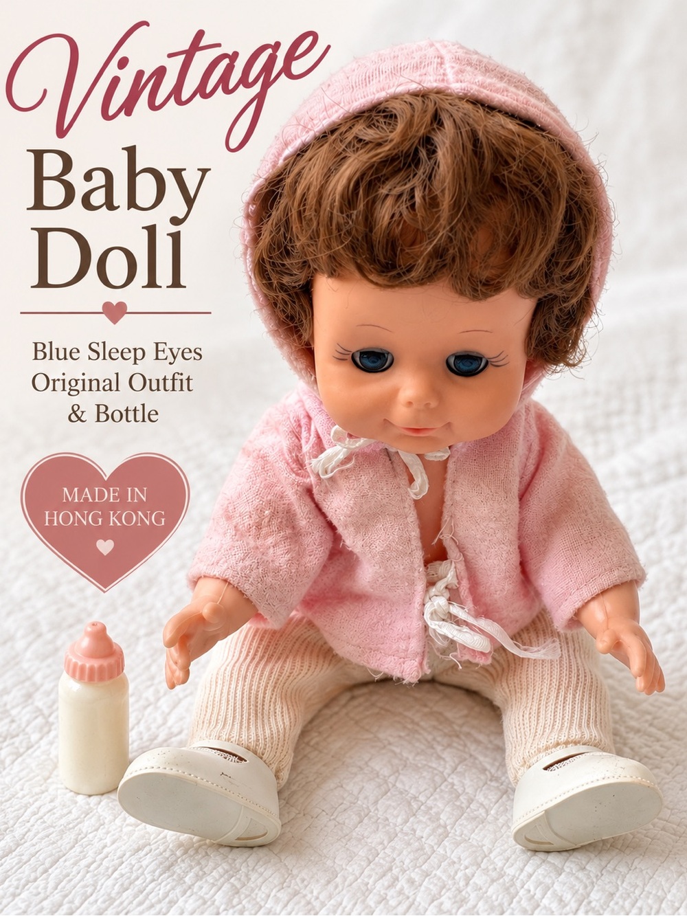 Vintage Baby Doll Made in Hong Kong Blue Sleep Eyes Pink Top Bottle Shoes
